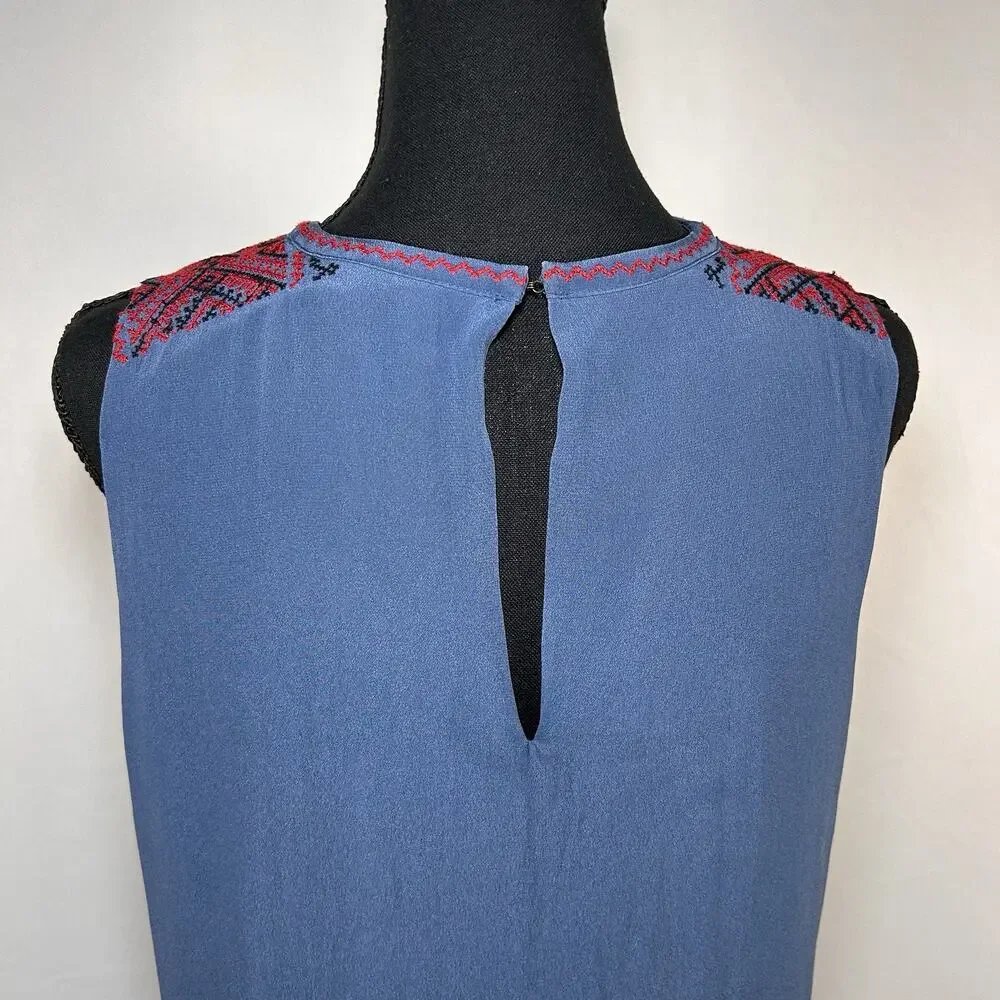 Madewell 100% Silk Boho Geometric Embroidered Shift Dress Blue Red Size L - Picture 6 of 10